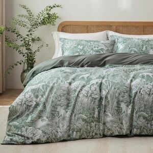 NEW Anthro Green Floral Botanical Full Queen King Cotton Bedding Duvet Sham Set